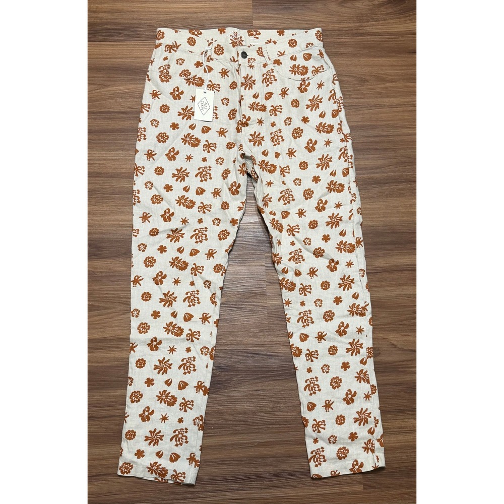 Alex Crane Cham Pants Mens Linen Terracotta Floral Beige Straight Leg Sz 30